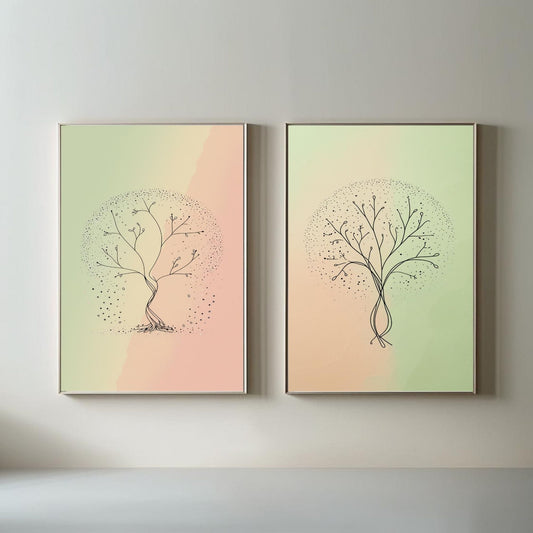 Set de 2 cuadros de pared de árbol abstracto, impresiones de arte lineal botánico, decoración moderna de pared de naturaleza, descarga digital