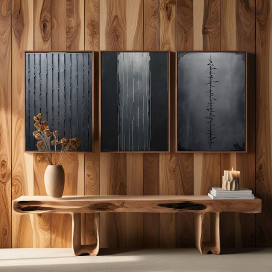 Set de 3 cuadros de arte de pared minimalistas en negro | Láminas abstractas modernas de líneas | Decoración monocromática contemporánea | Descarga digital