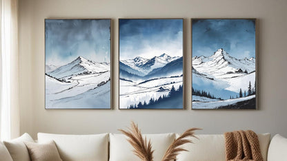 Set de 3 Láminas de Montañas, Impresiones de Paisajes Nevados, Decoración de Pared Moderna de Naturaleza, Descarga Digital