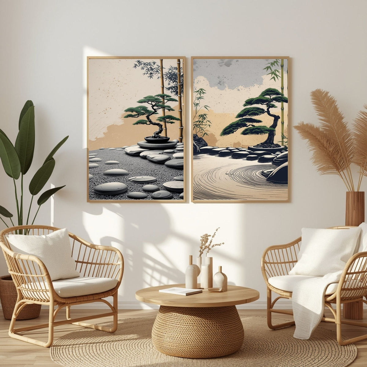 Juego de 2 láminas de arte de pared de jardín zen, impresiones de bonsái japonés, decoración de pared minimalista, descarga digital