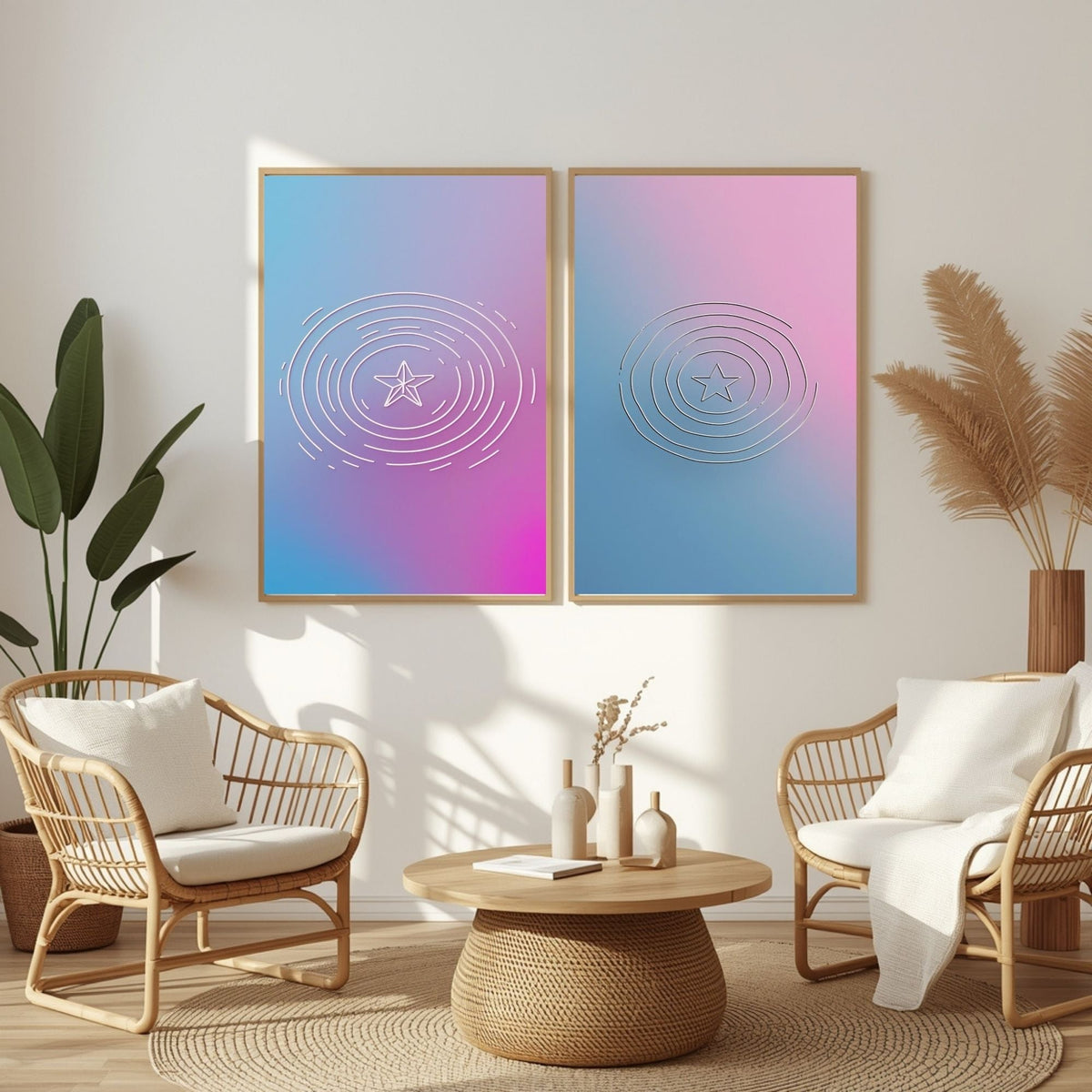 Geometric Gradient Wall Art Set of 2 Printable, Modern Abstract Pastel Circle Prints, Contemporary Minimalist Home Decor, Digital Download