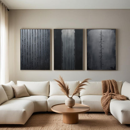 Set de 3 cuadros de arte de pared minimalistas en negro | Láminas abstractas modernas de líneas | Decoración monocromática contemporánea | Descarga digital