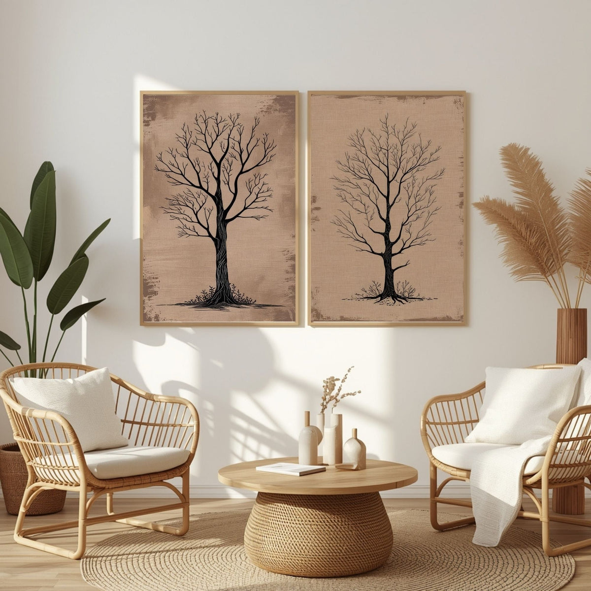 Bare Tree Wall Art Set of 2 Printable, Rustic Botanical Prints, Neutral Nature Decor, Scandinavian Minimalist Artwork