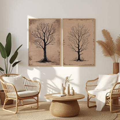 Bare Tree Wall Art Set of 2 Printable, Rustic Botanical Prints, Neutral Nature Decor, Scandinavian Minimalist Artwork