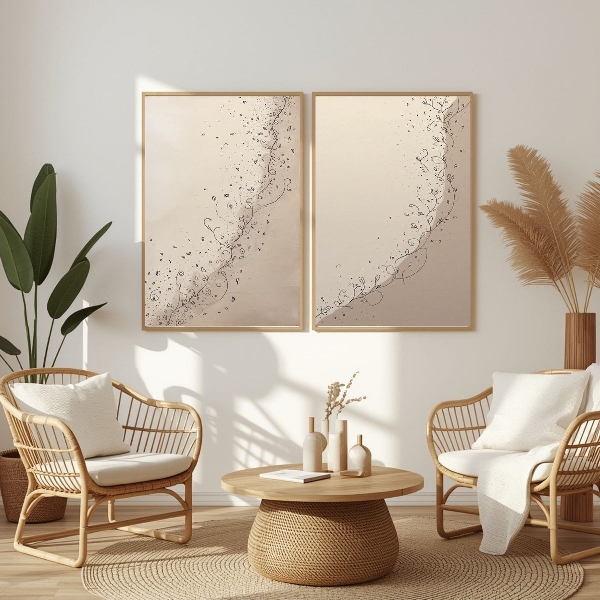 Botanical Line Art Wall Art Set of 2 Printable, Elegant Vine Prints, Minimalist Neutral Decor, Digital Download