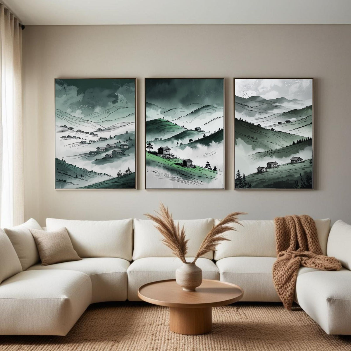 Juego de 3 cuadros de pared Valle de la Montaña Verde | Láminas de paisajes de colinas neblinosas | Decoración rústica campestre | Descarga digital