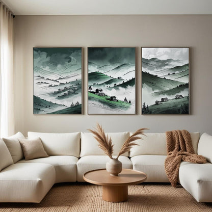 Juego de 3 cuadros de pared Valle de la Montaña Verde | Láminas de paisajes de colinas neblinosas | Decoración rústica campestre | Descarga digital