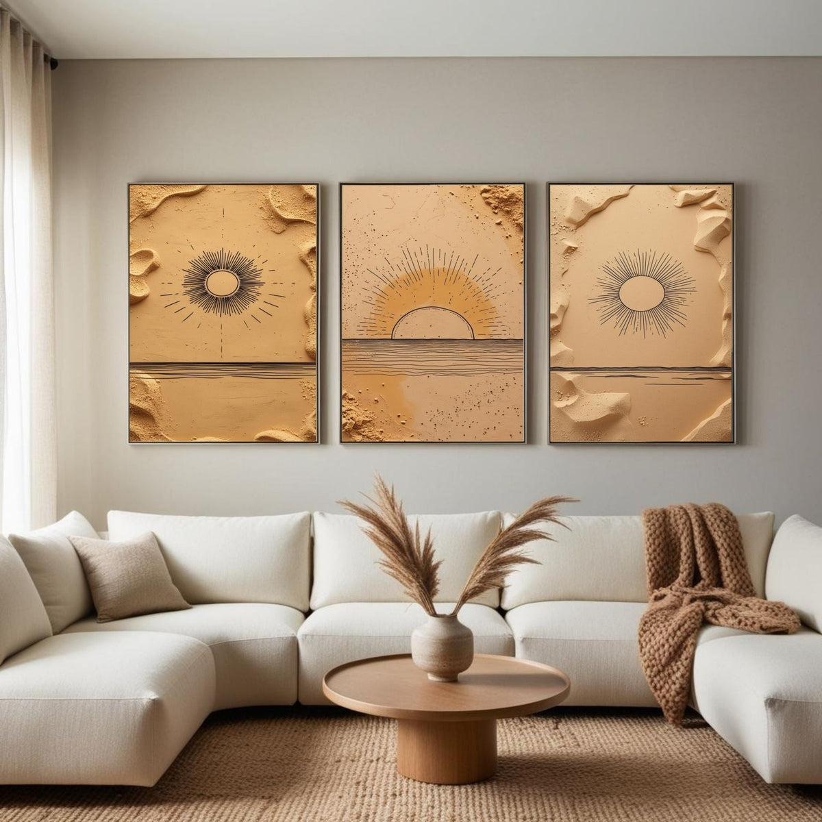 Boho Sun Wall Art Set of 3 | Minimalist Desert Sunrise Prints | Neutral Beige Abstract Decor | Digital Download