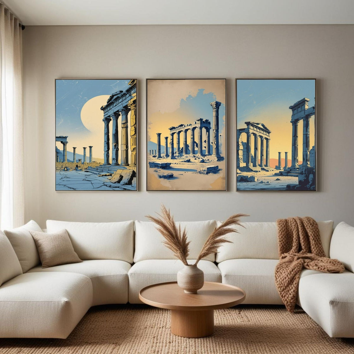 Set de 3 impresiones de arte mural de ruinas griegas antiguas | Láminas de arquitectura clásica | Decoración de templos históricos | Obras de arte antiguas mediterráneas | Descarga digital