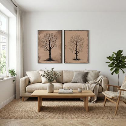 Bare Tree Wall Art Set of 2 Printable, Rustic Botanical Prints, Neutral Nature Decor, Scandinavian Minimalist Artwork