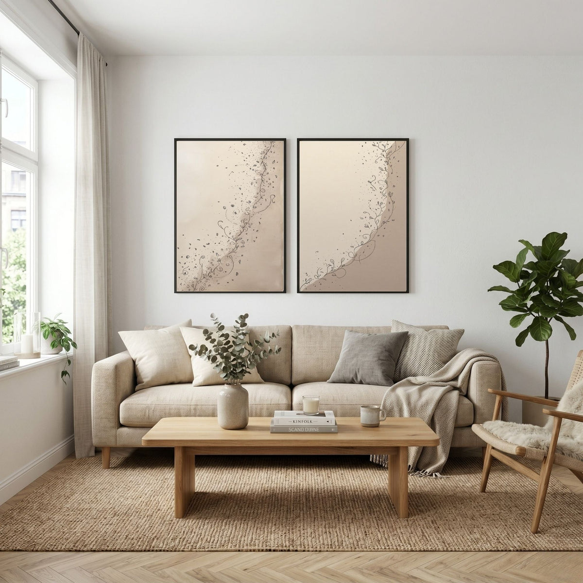 Botanical Line Art Wall Art Set of 2 Printable, Elegant Vine Prints, Minimalist Neutral Decor, Digital Download