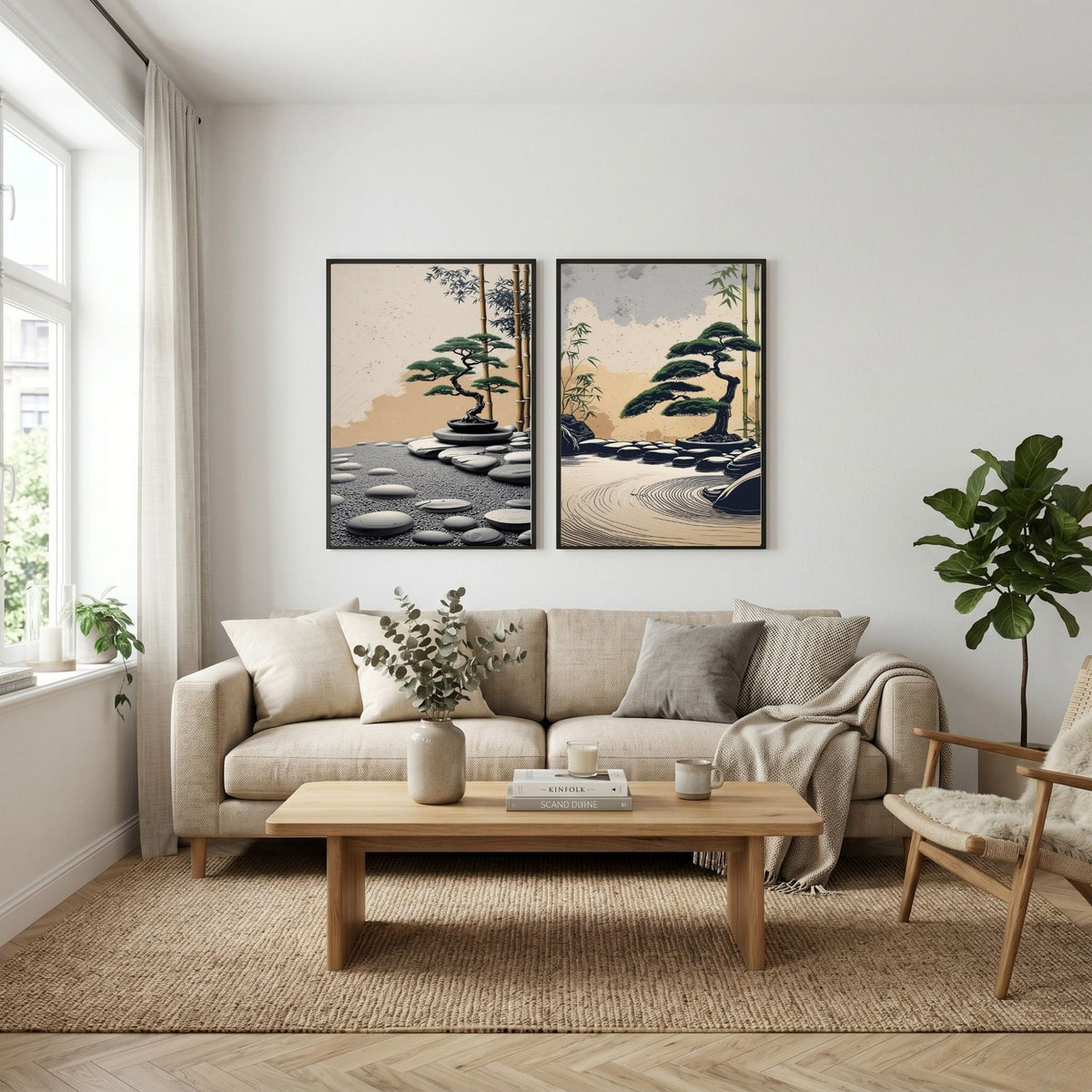 Juego de 2 láminas de arte de pared de jardín zen, impresiones de bonsái japonés, decoración de pared minimalista, descarga digital