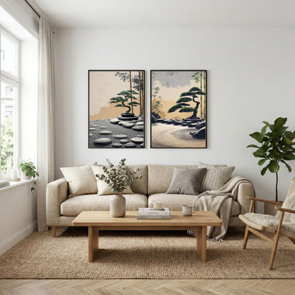Juego de 2 láminas de arte de pared de jardín zen, impresiones de bonsái japonés, decoración de pared minimalista, descarga digital