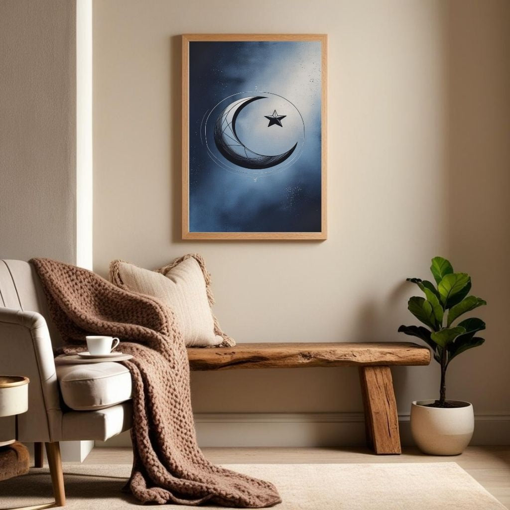 Arte de pared de luna creciente imprimible, póster de luna y estrella, decoración del hogar bohemia celestial, impresión de arte moderno, descarga digital