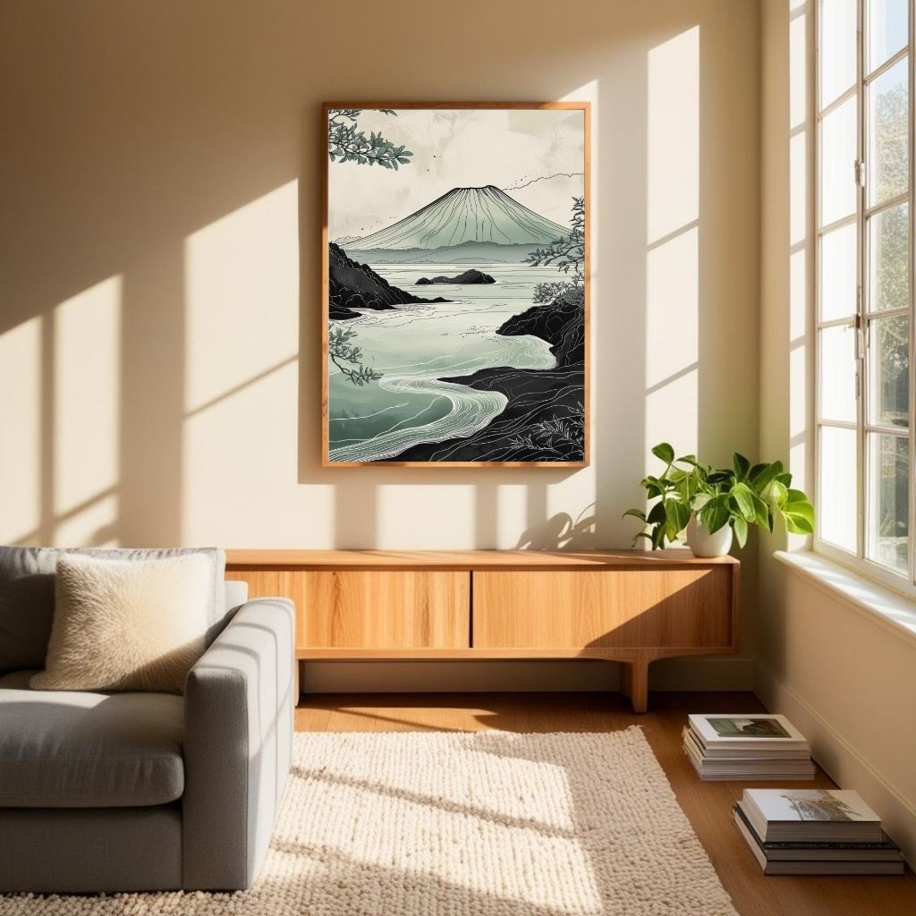 Arte de pared imprimible de paisajes volcánicos, lámina japonesa de naturaleza costera, decoración minimalista zen para el hogar, descarga digital