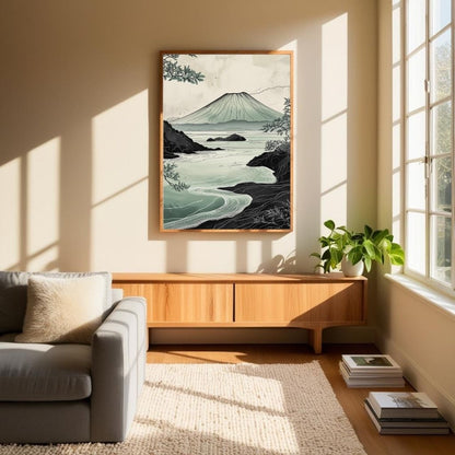 Arte de pared imprimible de paisajes volcánicos, lámina japonesa de naturaleza costera, decoración minimalista zen para el hogar, descarga digital