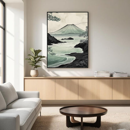 Arte de pared imprimible de paisajes volcánicos, lámina japonesa de naturaleza costera, decoración minimalista zen para el hogar, descarga digital