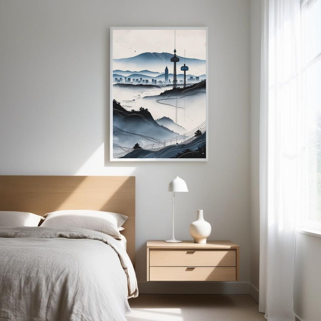 Arte de pared imprimible de paisaje urbano moderno, póster minimalista del horizonte, decoración urbana contemporánea de montaña, impresión de descarga digital