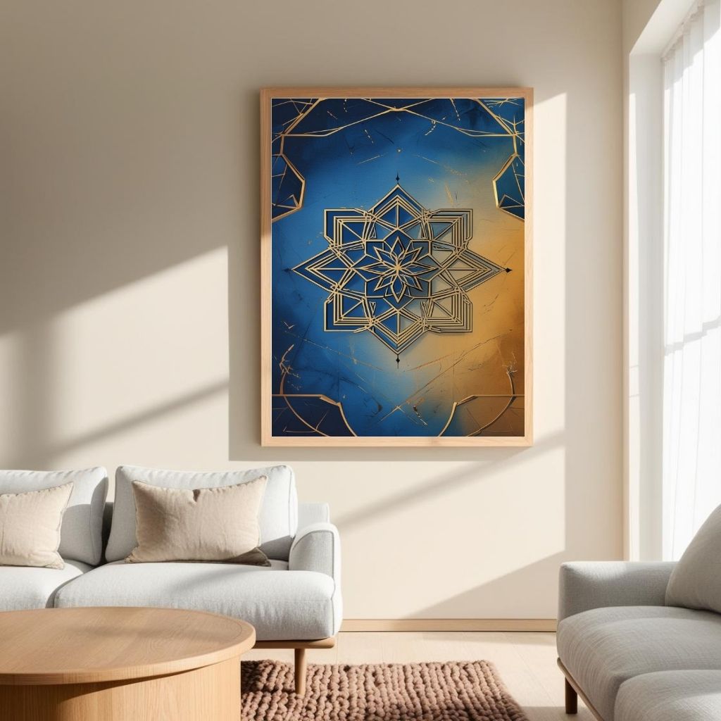 Islamic Geometric Wall Art Printable, Blue Gold Mandala Pattern Print, Modern Islamic Home Decor, Digital Download