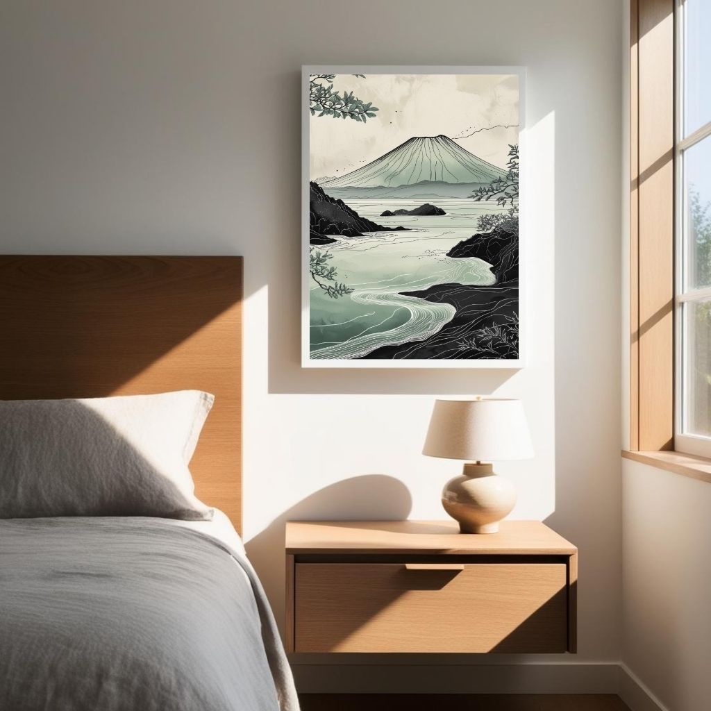 Arte de pared imprimible de paisajes volcánicos, lámina japonesa de naturaleza costera, decoración minimalista zen para el hogar, descarga digital