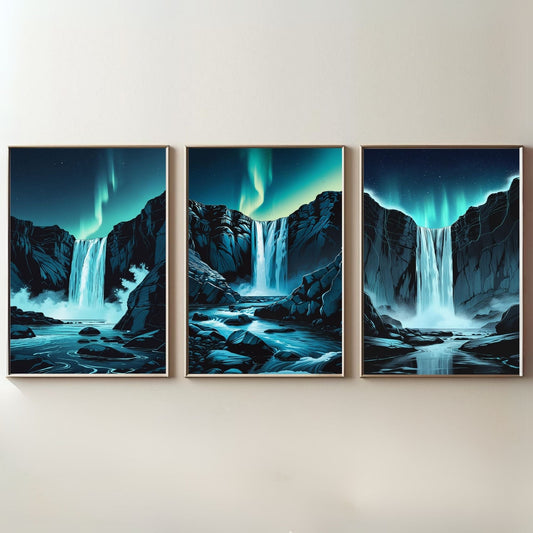 Juego de 3 cuadros de pared Cascada Aurora | Láminas de la Cascada de la Aurora Boreal | Decoración de paisajes naturales nórdicos | Descarga digital