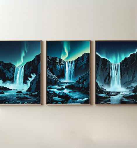 Aurora Waterfall Wall Art Set of 3 | Northern Lights Waterfall Prints | Nordic Nature Landscape Decor | Digital Download
