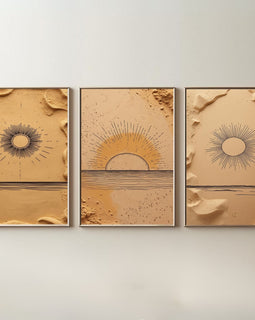 Boho Sun Wall Art Set of 3 | Minimalist Desert Sunrise Prints | Neutral Beige Abstract Decor | Digital Download
