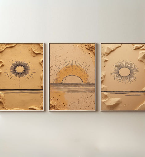 Boho Sun Wall Art Set of 3 | Minimalist Desert Sunrise Prints | Neutral Beige Abstract Decor | Digital Download