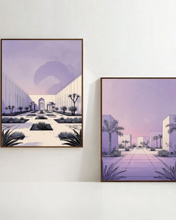 Modern Desert Courtyard Wall Art Set of 2 | Minimalist Architectural Prints | Pastel Lavender Landscape Decor | Contemporary Desert Oasis Artwork | Digital Download