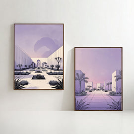 Modern Desert Courtyard Wall Art Set of 2 | Minimalist Architectural Prints | Pastel Lavender Landscape Decor | Contemporary Desert Oasis Artwork | Digital Download