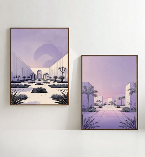 Modern Desert Courtyard Wall Art Set of 2 | Minimalist Architectural Prints | Pastel Lavender Landscape Decor | Contemporary Desert Oasis Artwork | Digital Download