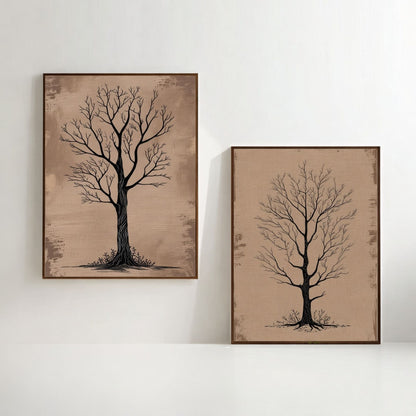 Bare Tree Wall Art Set of 2 Printable, Rustic Botanical Prints, Neutral Nature Decor, Scandinavian Minimalist Artwork