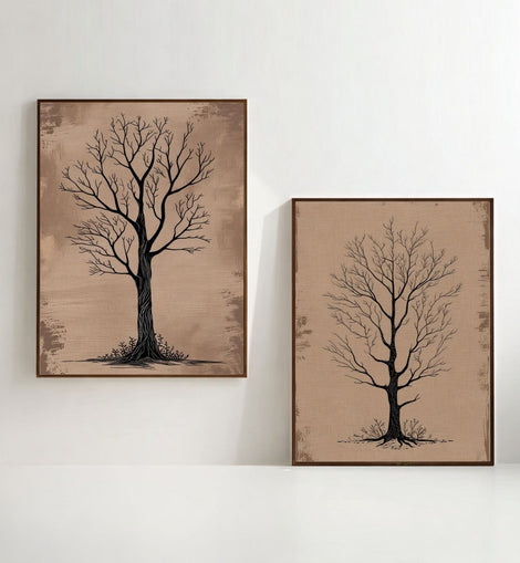 Bare Tree Wall Art Set of 2 Printable, Rustic Botanical Prints, Neutral Nature Decor, Scandinavian Minimalist Artwork