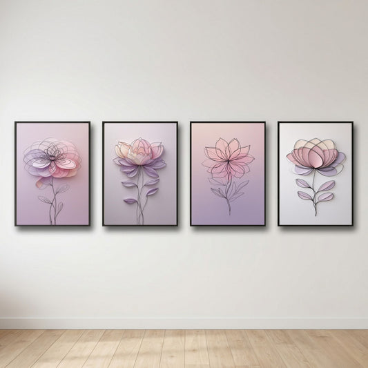 Juego de 4 cuadros de pared florales en tonos pastel | Láminas de flores minimalistas | Decoración botánica elegante | Descarga digital