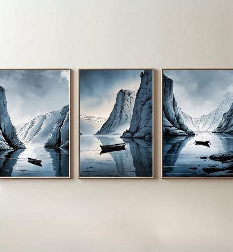 Nordic Fjord Wall Art Set of 3 | Scandinavian Mountain Lake Prints | Minimalist Nature Decor | Digital Download