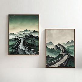 Great Wall of China Wall Art Set of 2 | Asian Landscape Prints | Chinese Architecture Decor | Oriental Mountain Artwork | Minimalist Travel Wall Art | Printable Decor
