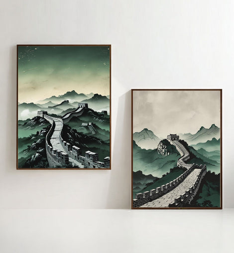 Great Wall of China Wall Art Set of 2 | Asian Landscape Prints | Chinese Architecture Decor | Oriental Mountain Artwork | Minimalist Travel Wall Art | Printable Decor