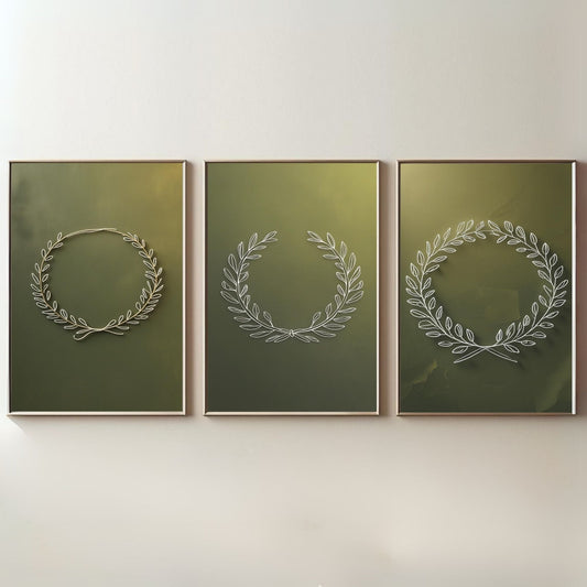 Set de 3 cuadros de pared botánicos con corona de laurel | Arte imprimible de naturaleza minimalista | Decoración de rama de olivo con dibujo lineal | Arte de pared verde salvia | Set de pósteres botánicos modernos | Descarga digital