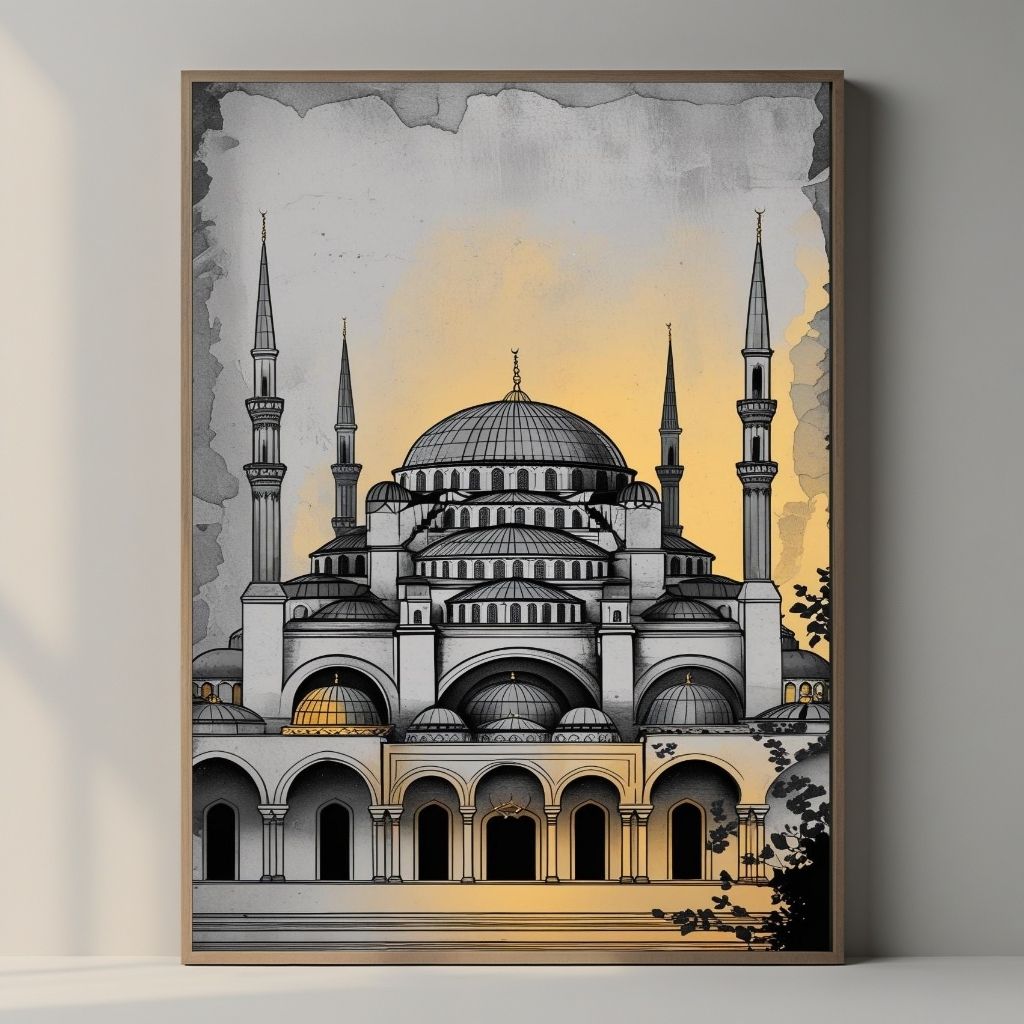 Arte de pared de la Mezquita Azul imprimible, Impresión arquitectónica de la Mezquita del Sultán Ahmed, Decoración islámica del hogar de Estambul, Monumento histórico, Descarga digital