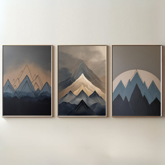 Juego de 3 cuadros de arte de montaña modernos | Arte abstracto de montaña imprimible | Decoración minimalista de paisajes | Arte de pared neutral de la naturaleza | Juego de pósteres de montaña escandinavos | Descarga digital
