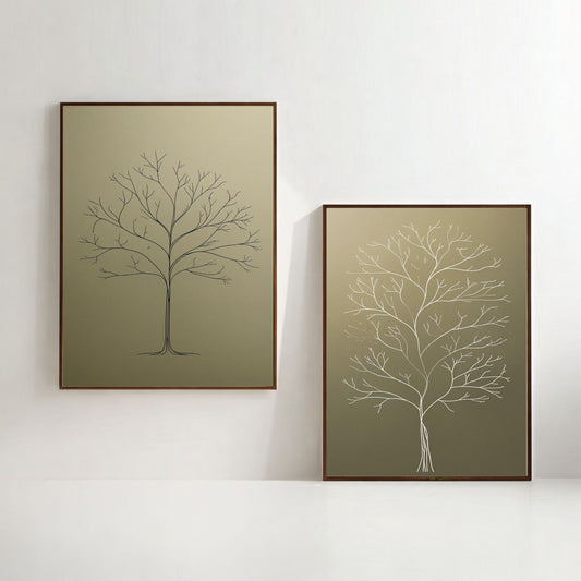 Conjunto de 2 impresiones artísticas de pared con árboles botánicos, impresiones de naturaleza escandinava minimalista, decoración del hogar neutra, descarga digital