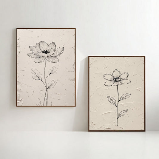 Set de 2 cuadros minimalistas de flores botánicas | Láminas de dibujos de flores en blanco y negro | Decoración floral moderna neutra | Obras de arte botánicas escandinavas | Arte de pared imprimible