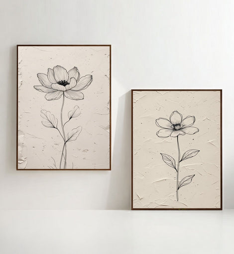 Minimalist Botanical Flower Wall Art Set of 2 | Black and White Floral Line Drawing Prints | Neutral Modern Flower Decor | Scandinavian Botanical Artwork | Printable Wall Art