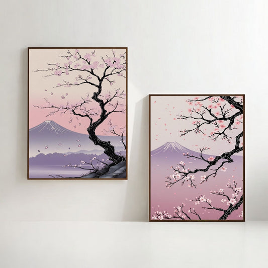 Juego de 2 láminas de pared de flor de cerezo japonesa | Impresiones de árbol de Sakura | Decoración de paisaje del Monte Fuji | Arte de pared japonés rosa | Obras de arte de naturaleza zen | Descarga digital