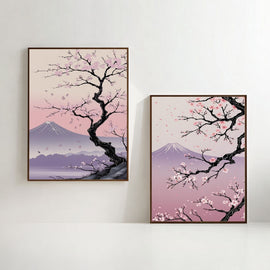 Japanese Cherry Blossom Wall Art Set of 2 | Sakura Tree Prints | Mount Fuji Landscape Decor | Pink Japanese Wall Art | Zen Nature Artwork | Digital Download
