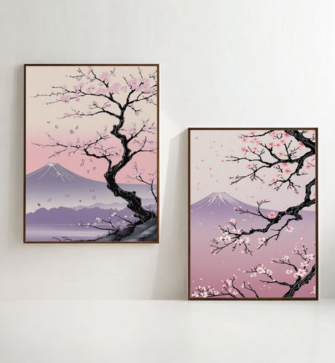 Japanese Cherry Blossom Wall Art Set of 2 | Sakura Tree Prints | Mount Fuji Landscape Decor | Pink Japanese Wall Art | Zen Nature Artwork | Digital Download
