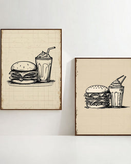 Burger & Milkshake Wall Art Set of 2 | Retro Fast Food Kitchen Prints | Vintage Restaurant Decor | Minimalist Food Poster Set | Printable Dining Room Artwork
