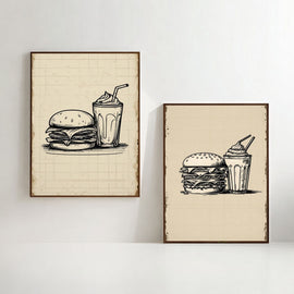 Burger & Milkshake Wall Art Set of 2 | Retro Fast Food Kitchen Prints | Vintage Restaurant Decor | Minimalist Food Poster Set | Printable Dining Room Artwork