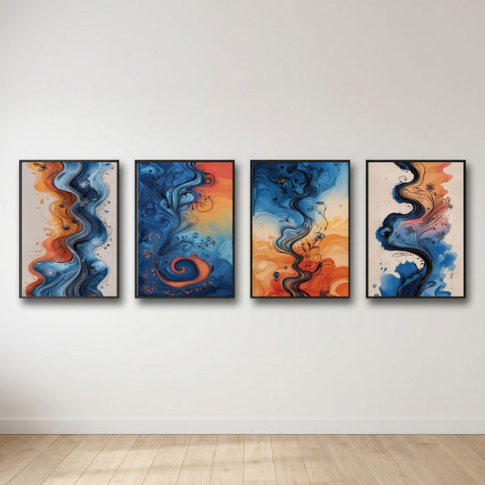 Conjunto de 4 cuadros de pared con fluidos abstractos | Láminas coloridas modernas | Decoración contemporánea para sala de estar | Descarga digital