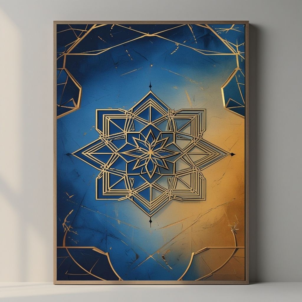 Islamic Geometric Wall Art Printable, Blue Gold Mandala Pattern Print, Modern Islamic Home Decor, Digital Download